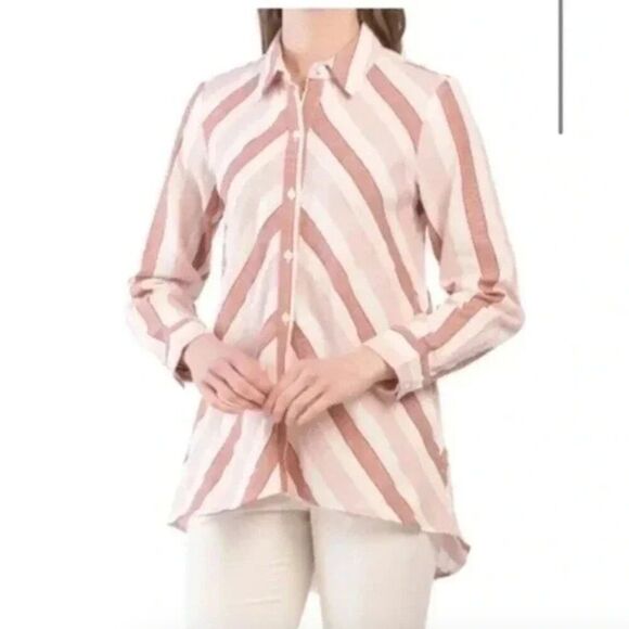 Pearl by Lela Rose S Linen Stripe Button Down High Low Collared Shirt Top Blush - Picture 1 of 12